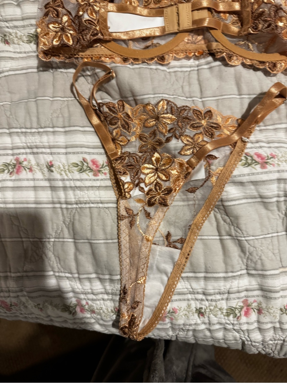 Gold Floral Embroidered Sheer Lace Bra & Thong Set - Women Intimates - Picture 5 of 7
